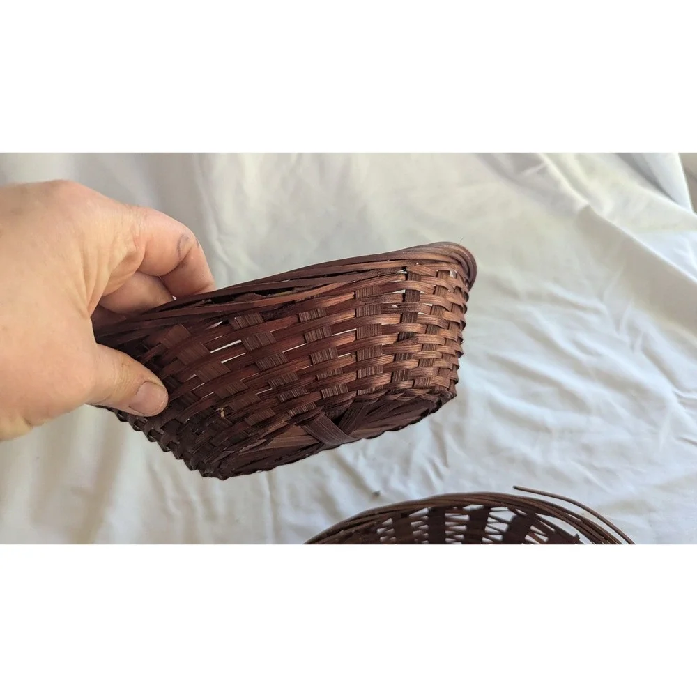 Set of 2 Vintage Dark Brown Woven Bamboo Oval Storage Baskets 8 Inch